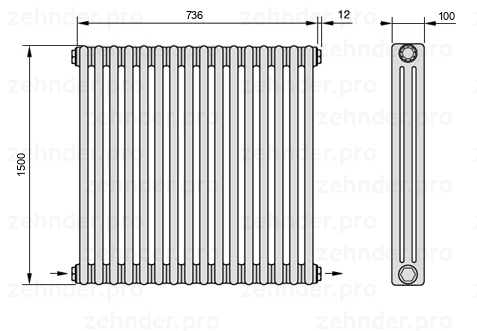Схема (чертеж) Радиатор Zehnder Charleston 3150/16 №2670 Белый глянцевый RAL 9016